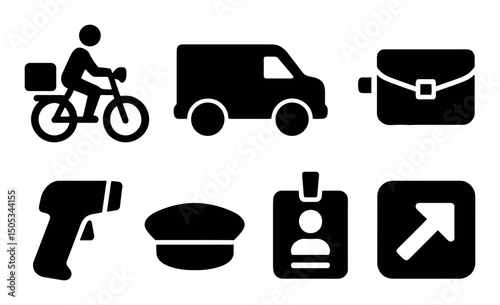 Silhouette icons: courier, delivery van, briefcase, badge, arrow