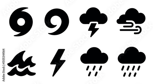 Weather icons set: storms, rain, wind, and lightning symbols