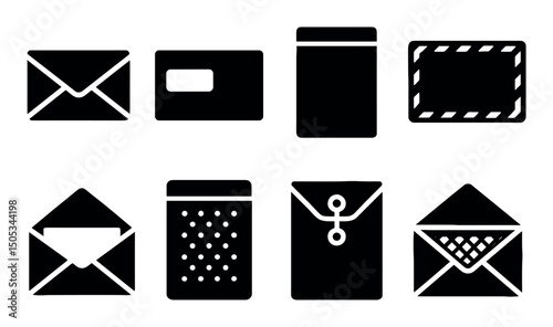 Set of eight black silhouette icons of various envelope styles