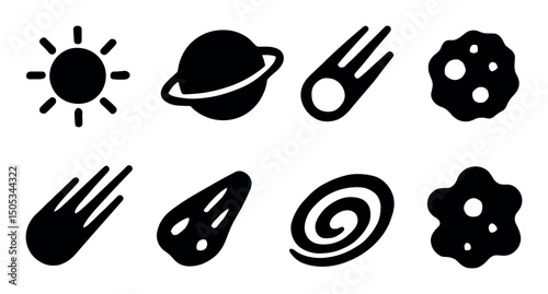 Eight space-themed icons including sun, planet, comet, and asteroid