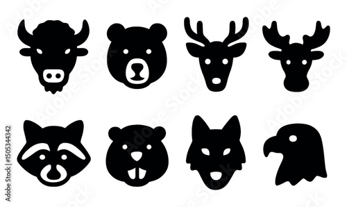 Silhouette icons of animal faces: bear, deer, raccoon, wolf