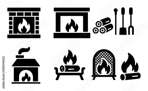 Icon set of various fireplace designs and tools