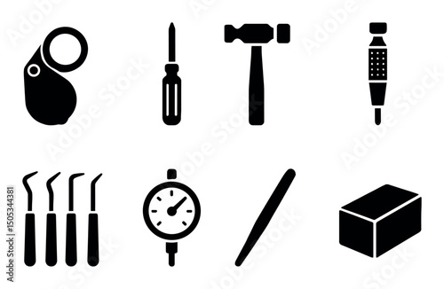 Silhouette icons of various hand tools for mechanical applications