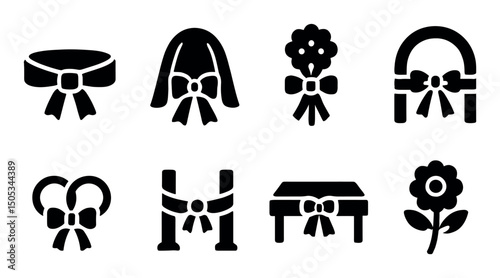 Black silhouette icons of bows and floral arrangements