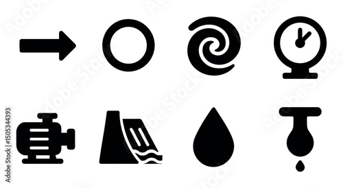Water filtration icons set: arrow, cyclone, gauge, pump, drop
