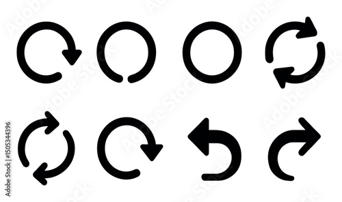 Set of eight black circular arrow icons with different variations