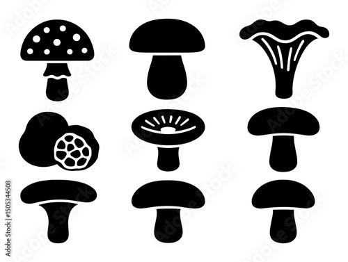 Collection of nine silhouette mushroom icons on white background