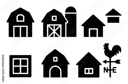Set of farm icons: barns, silo, and weather vane with rooster