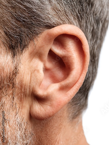 Close-up side view of a human ear, isolated on white background. Ideal for otolaryngology and cosmetic reference. photo