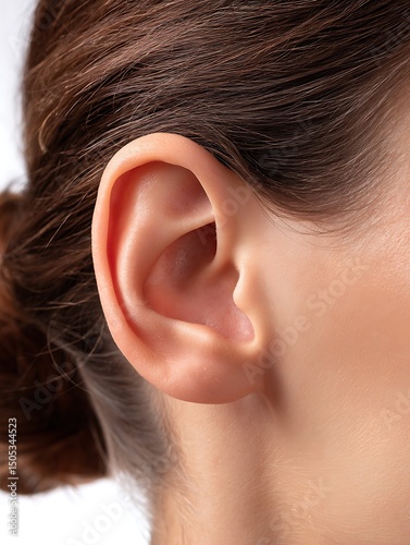 Close-up side view of a human ear, isolated on white background. Ideal for otolaryngology and cosmetic reference. photo