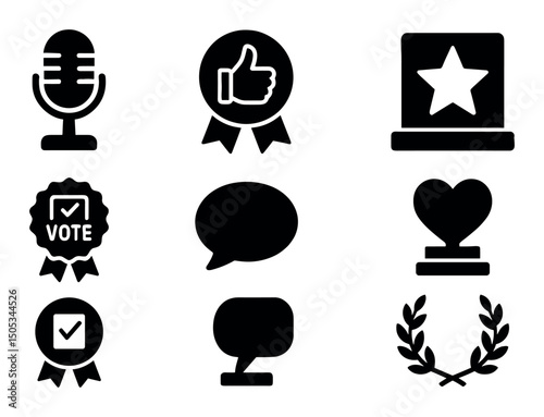 Icon set: microphone, medals, laptop, speech bubbles, heart, laurel
