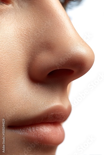 Front view of human nose and surrounding skin, isolated on white. Useful for rhinoplasty and dermatology. photo