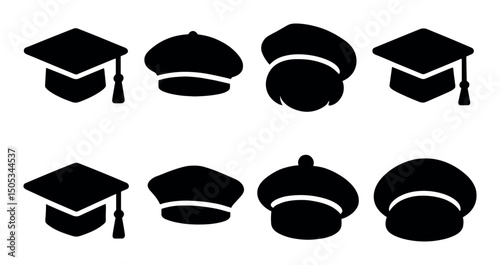 Graduation and beret hat icons in black silhouette set