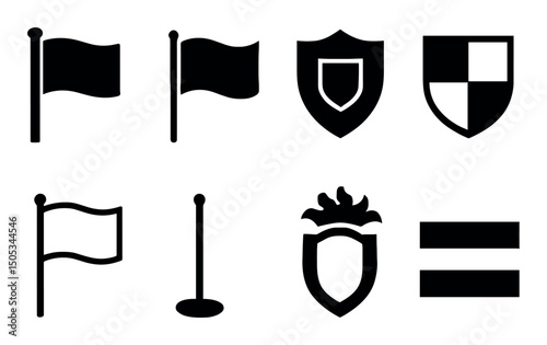 Collection of flags and shields icons in black and white design