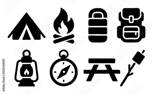 Camping essentials icons: tent, fire, sleeping bag, backpack