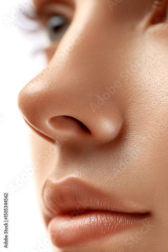 Front view of human nose and surrounding skin, isolated on white. Useful for rhinoplasty and dermatology. photo