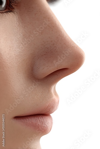 Front view of human nose and surrounding skin, isolated on white. Useful for rhinoplasty and dermatology. photo
