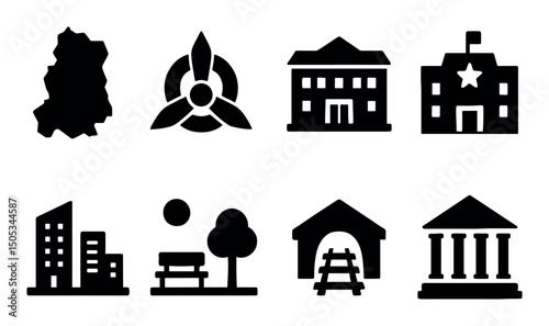 Black silhouette icons: buildings, park, tools, and structure