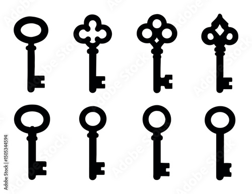 Vintage skeleton keys collection in black and white silhouette
