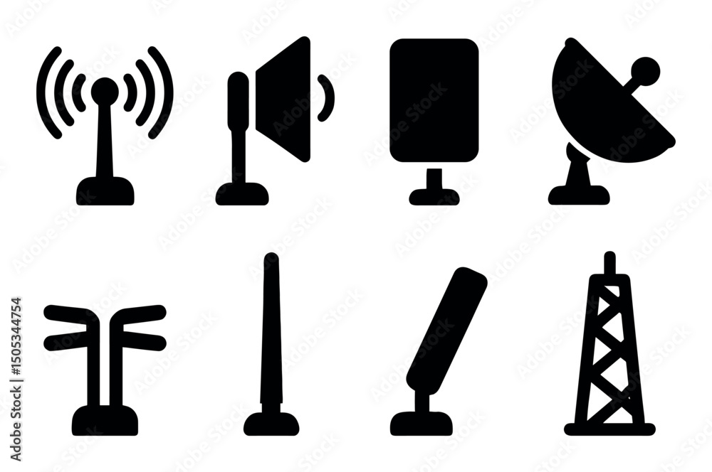 Obraz premium Set of black communication tower and antenna silhouette icons