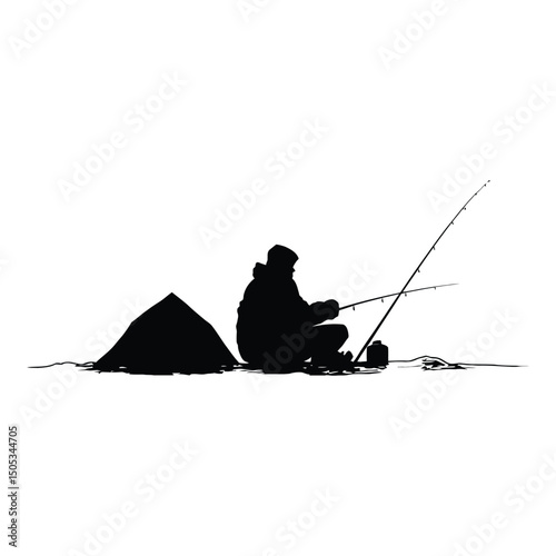 A person fishing on a frozen lake minimalist silhouette design
