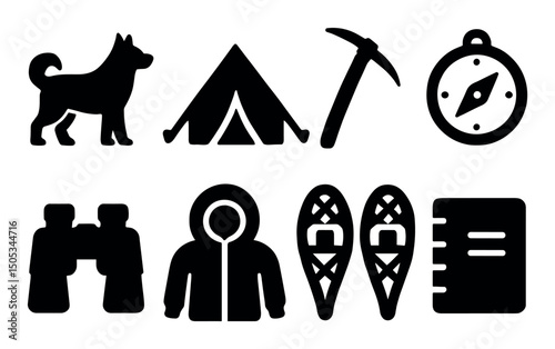 Outdoor adventure icons: dog, tent, tools, compass, clothing