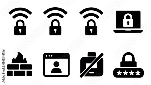 Cybersecurity icons: wifi security, firewall, password protection