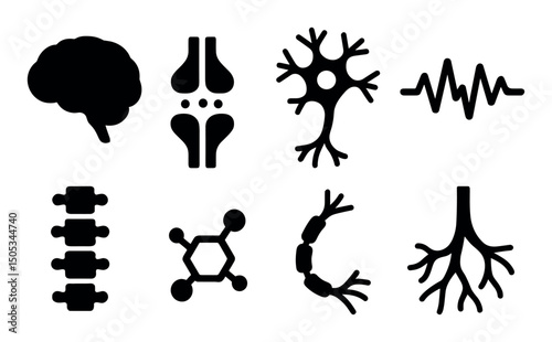 Neural connections: brain, synapse, neuron, spine, signal icons