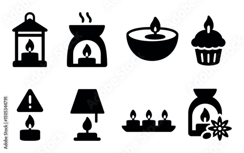 Set of black candle icons: lantern, aroma, tealight, cupcake