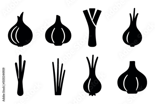 Silhouette varieties of onions: leeks, scallions, garlic, shallots