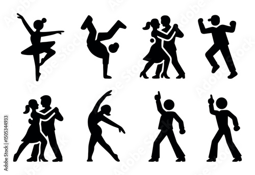 Diverse dance silhouettes: ballet, breakdance, ballroom, more