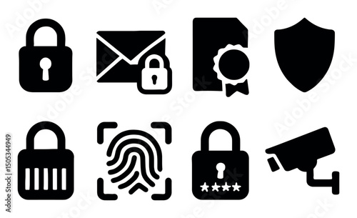 Security icons: lock, shield, fingerprint, surveillance camera