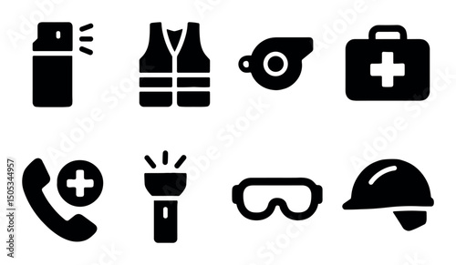 Safety equipment icons: vest, whistle, first aid kit, helmet