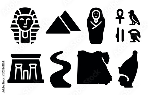 Ancient egyptian symbols: pharaoh, pyramids, hieroglyphs, map