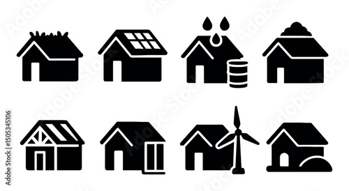 Eco-friendly house icons: green energy and sustainable living
