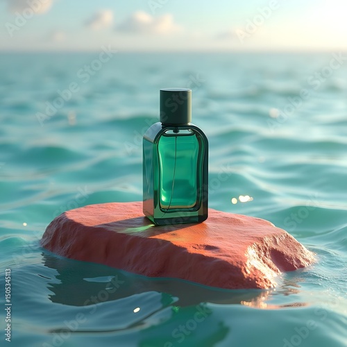 Emerald Elegance: A Luxurious Green Cologne Bottle on Red Sandstone by the Sea