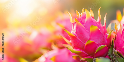 Fresh dragon fruit pitaya with golden bokeh background. Exotic tropical fruit and vacation concept. Image for banner and poster with copy space.