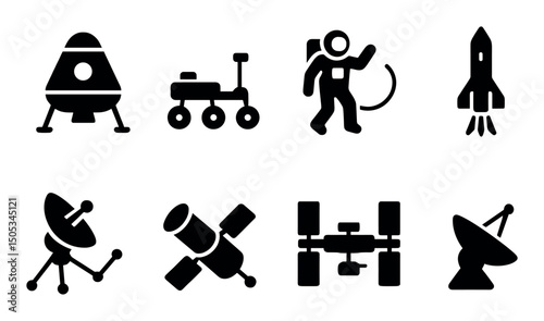 Space exploration icons: astronaut, rocket, satellite, rover