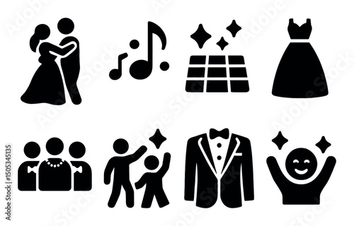 Icons depicting dance, music, party, formal attire, celebration