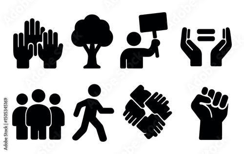 Social justice icons: unity, equality, environmental, protest symbols