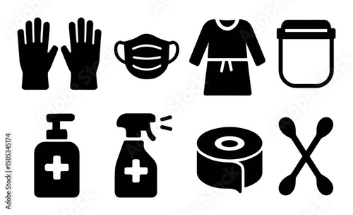 Essential personal protective equipment and hygiene icons set