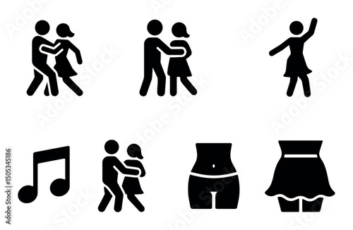 Dance figures and symbols including musical notes and outfits