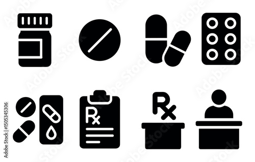 Medical icons: pills, prescription, medication, pharmacy symbols