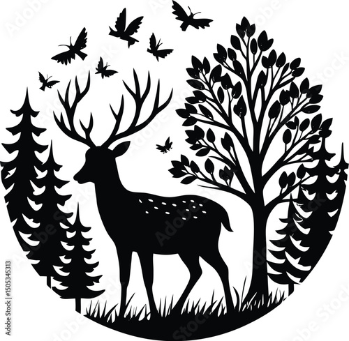 Deer in Forest Glade with Birds Flying Overhead
