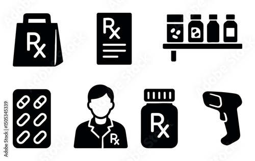 Pharmacy icons: rx bag, medication, pharmacist, scanner, bottles