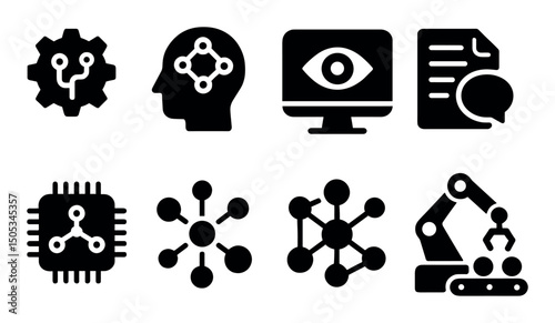 Black icons of ai brain computer robotics technology set