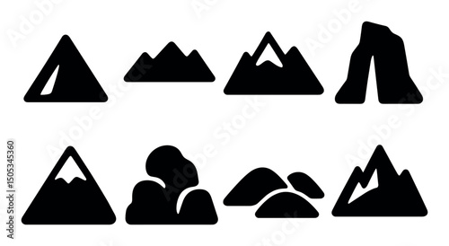 Silhouette icons of various mountain shapes in black design