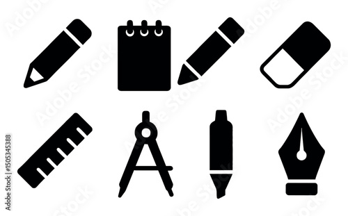 Silhouette icons of writing and drawing tools on white background