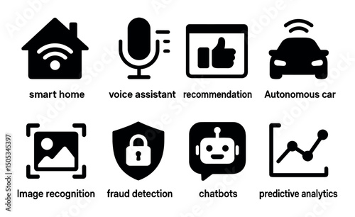 Icons depicting ai applications: smart home, voice, cars, analytics