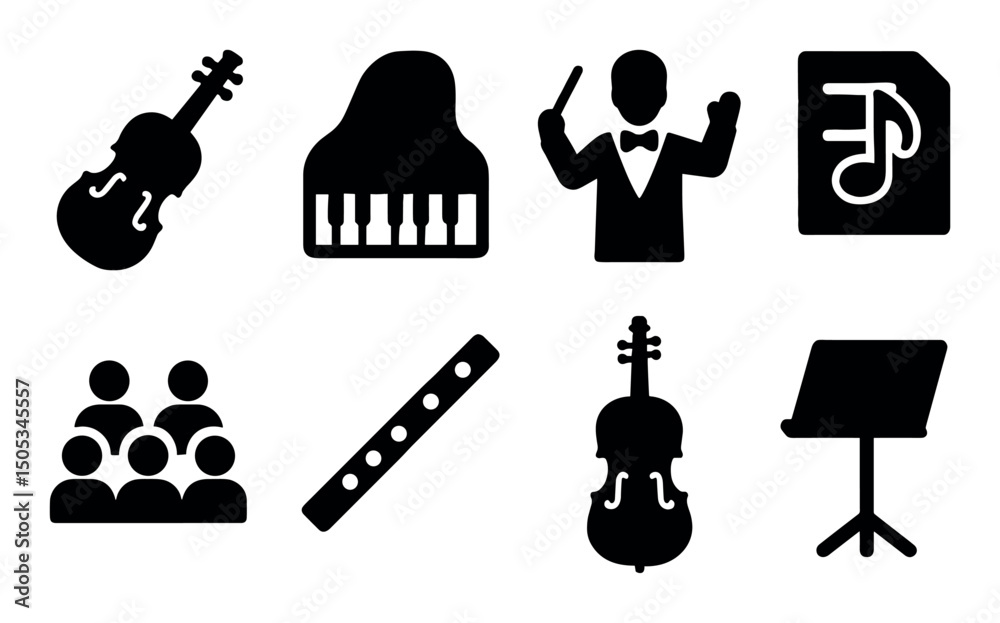 Obraz premium Musical instrument icons featuring piano, violin, conductor, notes